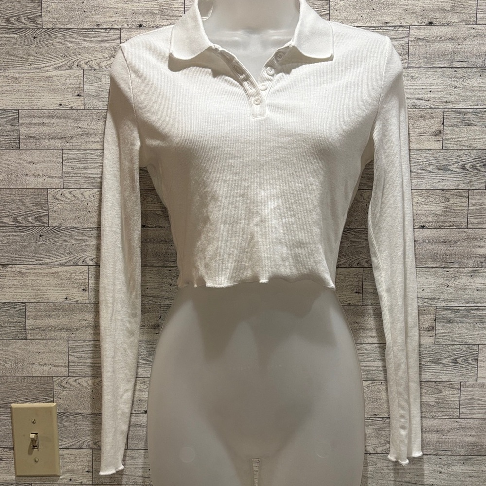 SHEIN White Long Sleeve Collared Crop Top
